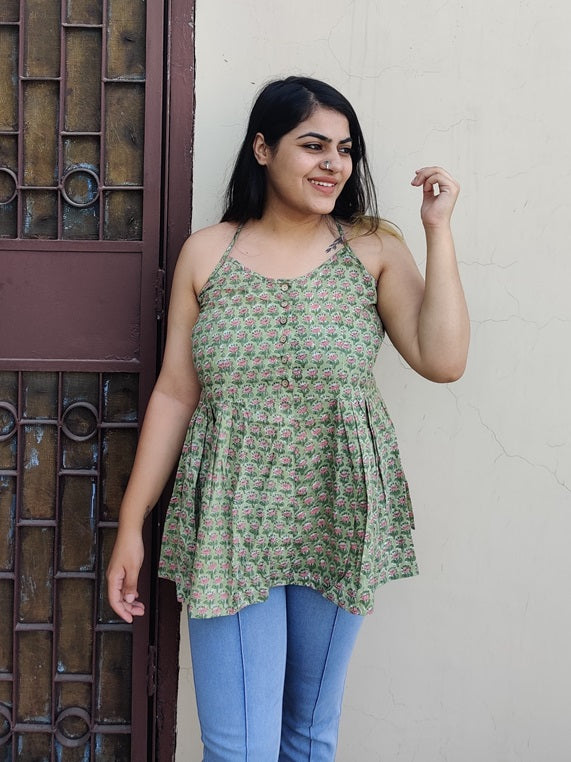 Elaichi Hand Block Printed Cross Back Spaghetti Peplum Top