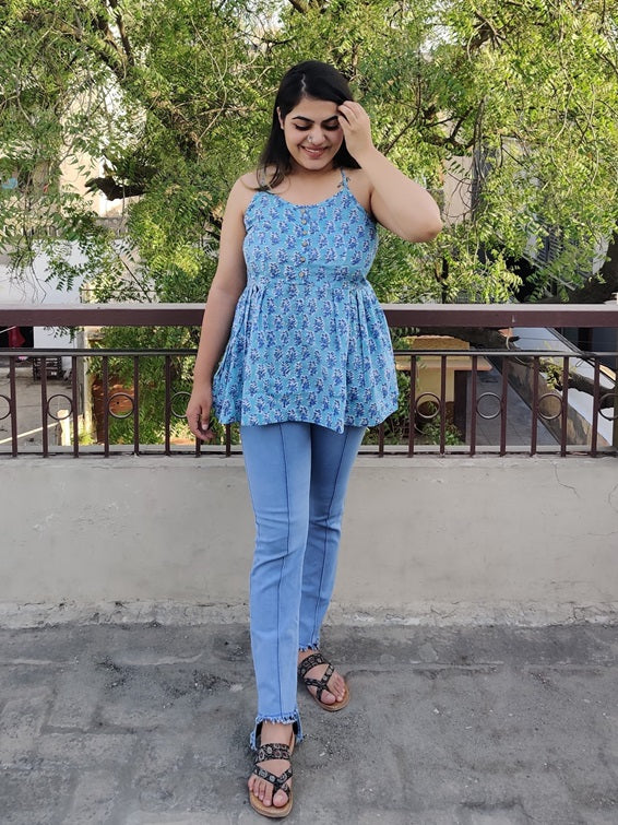 Blue Lagoon Hand Block Printed Cross back Spaghetti Peplum Top