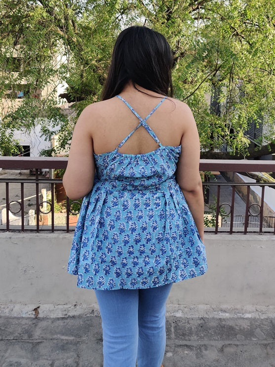 Blue Lagoon Hand Block Printed Cross back Spaghetti Peplum Top