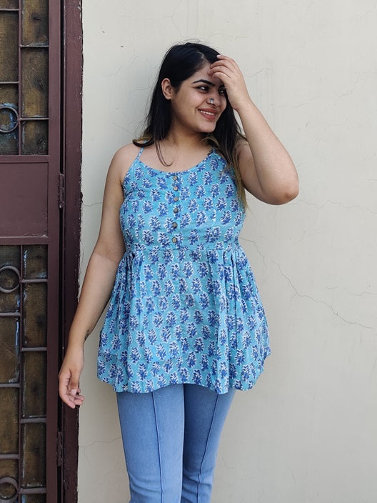 Blue Lagoon Hand Block Printed Cross back Spaghetti Peplum Top