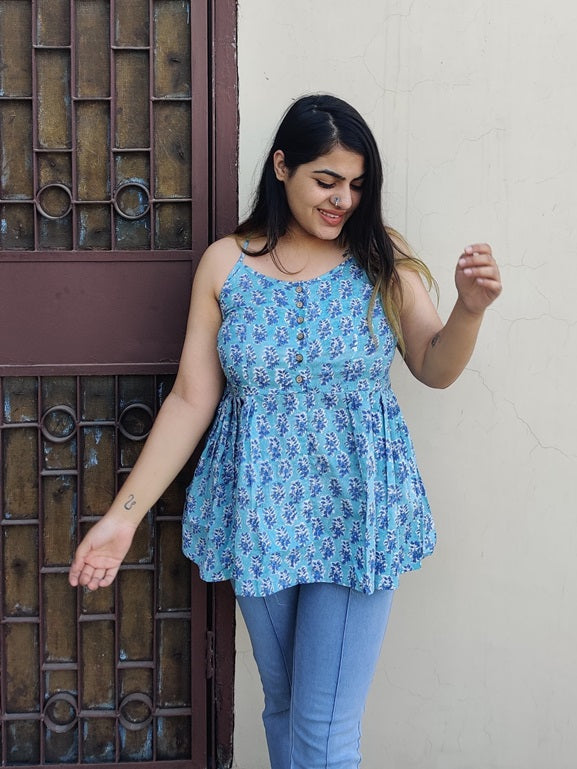 Blue Lagoon Hand Block Printed Cross back Spaghetti Peplum Top