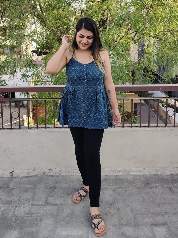 Madina Ajrakh Cross Back Spaghetti Peplum Top