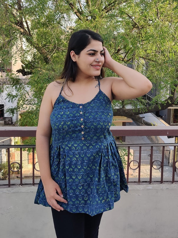 Madina Ajrakh Cross Back Spaghetti Peplum Top