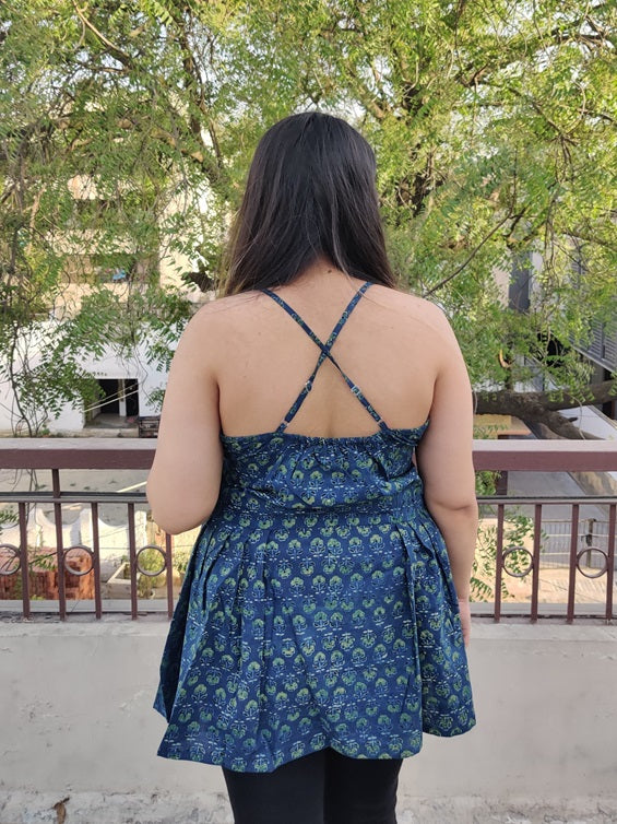Madina Ajrakh Cross Back Spaghetti Peplum Top