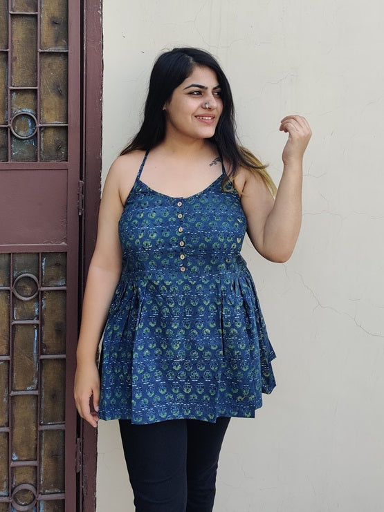 Madina Ajrakh Cross Back Spaghetti Peplum Top