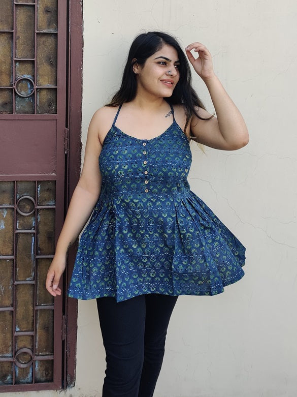 Madina Ajrakh Cross Back Spaghetti Peplum Top
