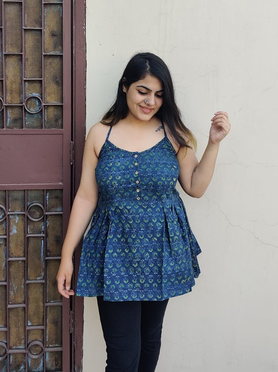 Madina Ajrakh Cross Back Spaghetti Peplum Top