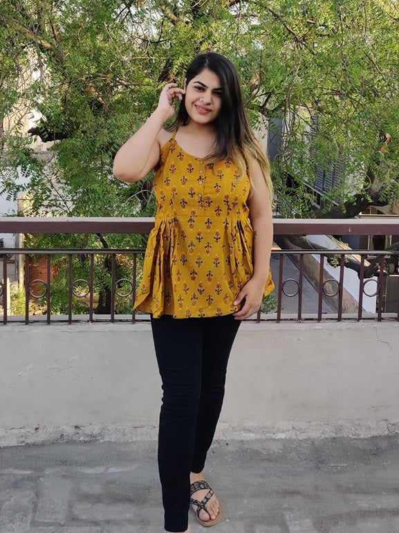 Marigold Ajrakh Cross Back Spaghetti Peplum Top