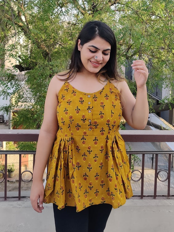 Marigold Ajrakh Cross Back Spaghetti Peplum Top