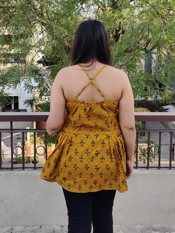 Marigold Ajrakh Cross Back Spaghetti Peplum Top