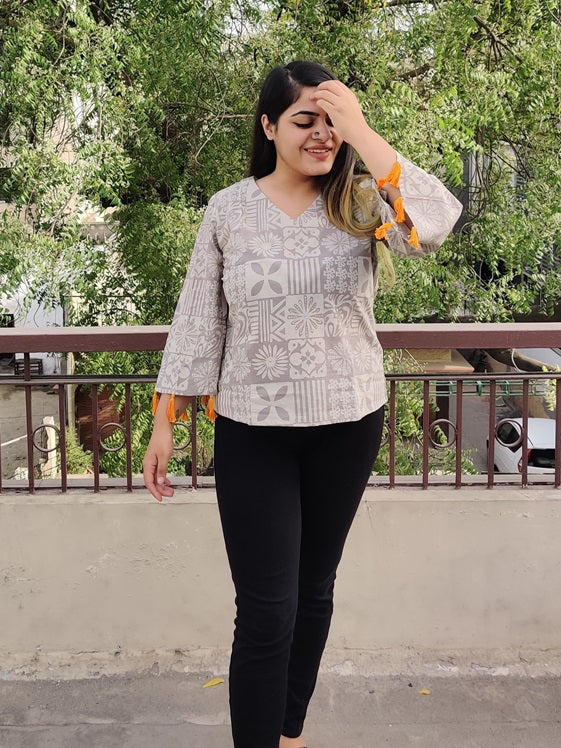 Kashish Tiles Hand block Printed Top with Bell Sleeves and Tassels