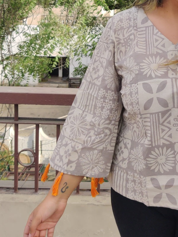 Kashish Tiles Hand block Printed Top with Bell Sleeves and Tassels