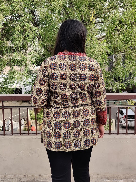 White Circles Ajrakh Dual Fabric Cotton Short Kurti