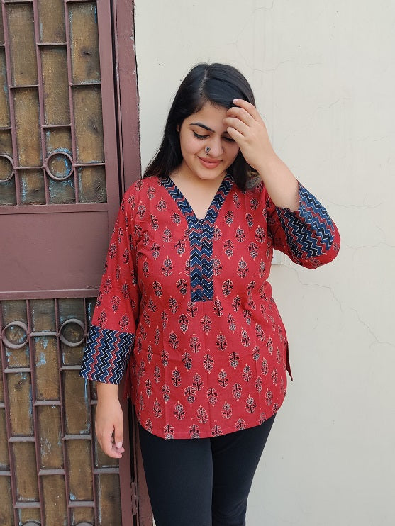 Red Indigo Ajrakh Dual Fabric Cotton Short Kurti