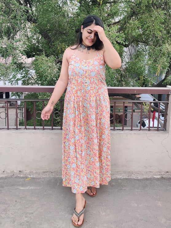 Pink Lemonade Hand Block Printed Spaghetti Cross Back Maxi Dress