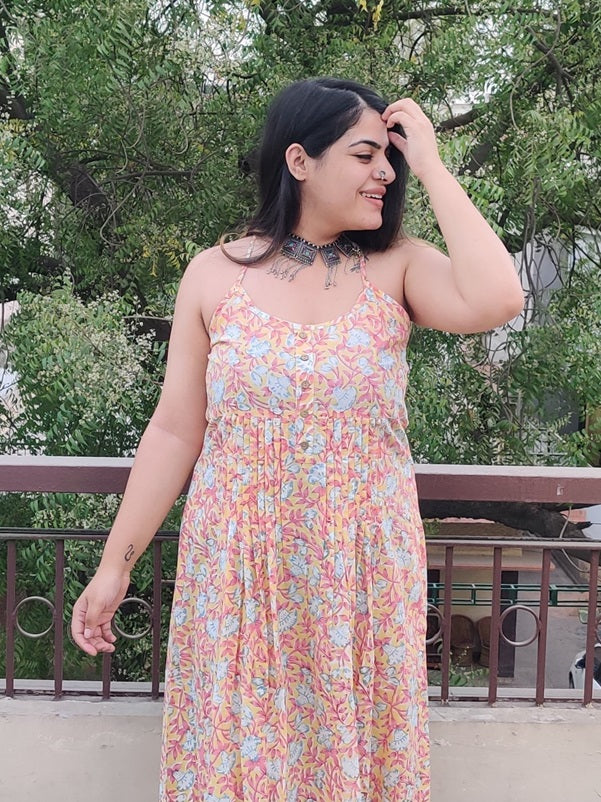 Pink Lemonade Hand Block Printed Spaghetti Cross Back Maxi Dress