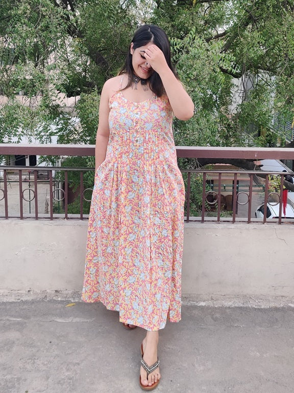 Pink Lemonade Hand Block Printed Spaghetti Cross Back Maxi Dress
