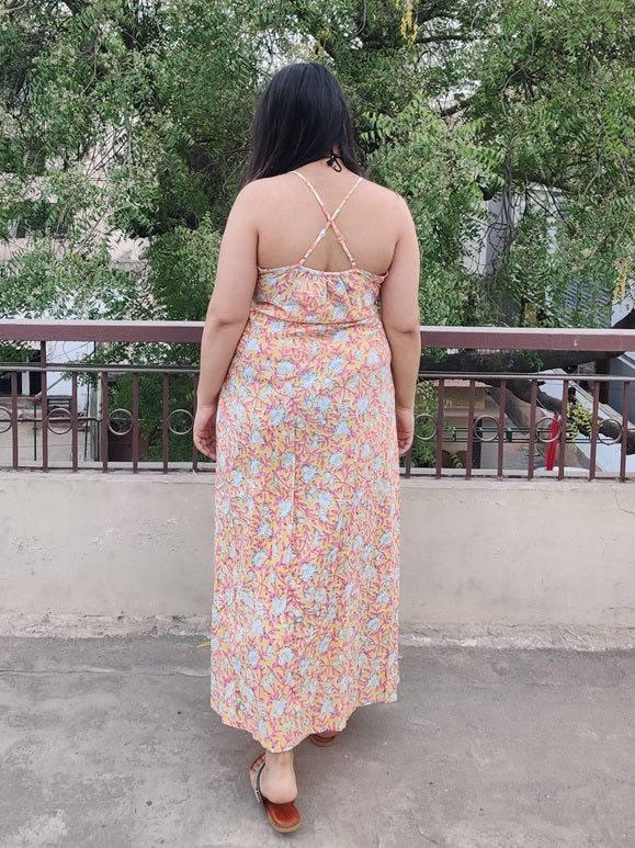 Pink Lemonade Hand Block Printed Spaghetti Cross Back Maxi Dress
