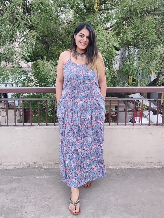 Nyra Hand Block Printed Spaghetti Cross Back Maxi Dress
