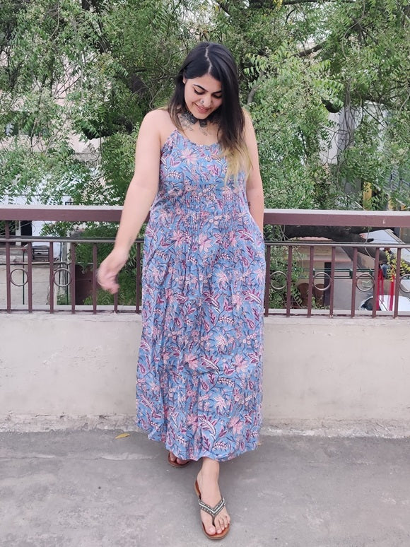 Nyra Hand Block Printed Spaghetti Cross Back Maxi Dress