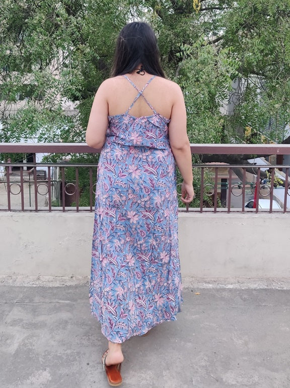 Nyra Hand Block Printed Spaghetti Cross Back Maxi Dress