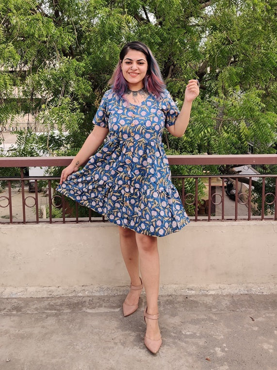Rosemallows Hand Block Printed Knee Length Tiered Button Down Dress