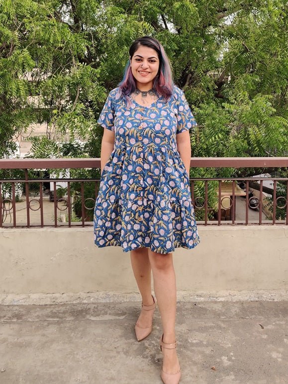 Rosemallows Hand Block Printed Knee Length Tiered Button Down Dress