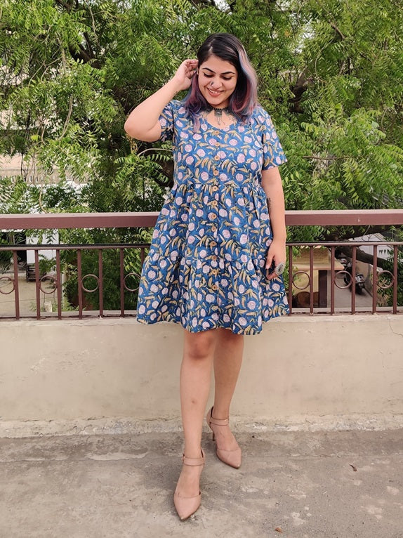 Rosemallows Hand Block Printed Knee Length Tiered Button Down Dress
