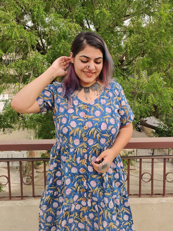 Rosemallows Hand Block Printed Knee Length Tiered Button Down Dress