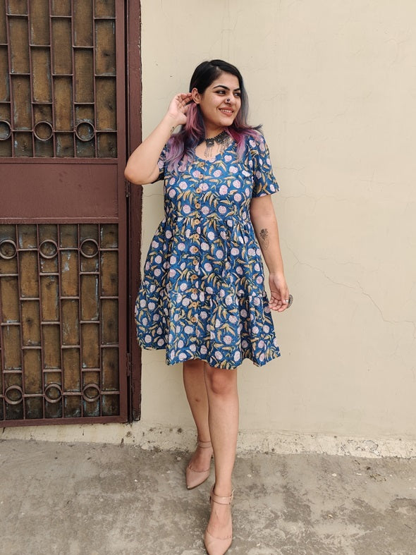 Rosemallows Hand Block Printed Knee Length Tiered Button Down Dress