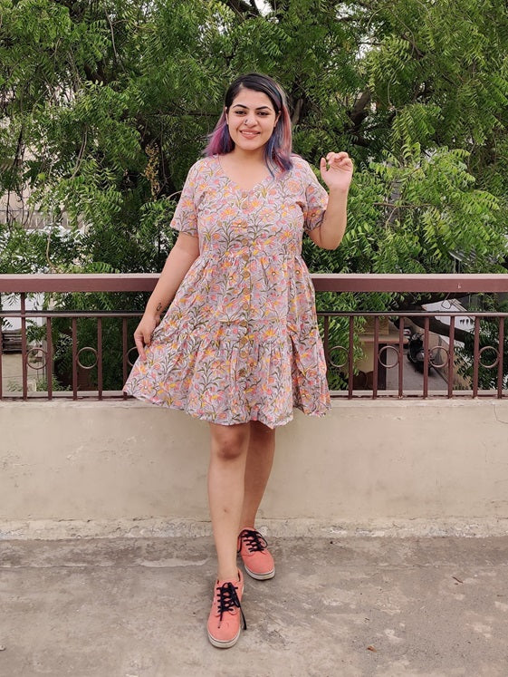 Aster Hand Block Printed Knee Length Tiered Button Down Dress