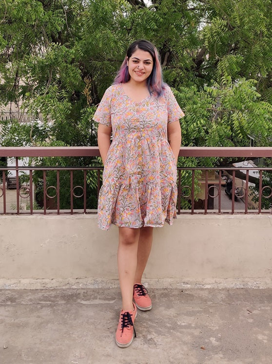 Aster Hand Block Printed Knee Length Tiered Button Down Dress
