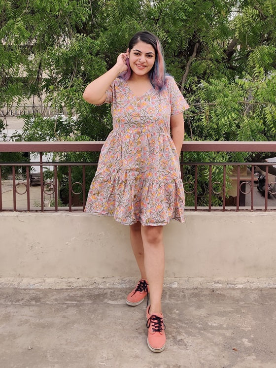 Aster Hand Block Printed Knee Length Tiered Button Down Dress