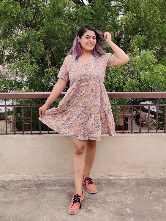 Aster Hand Block Printed Knee Length Tiered Button Down Dress