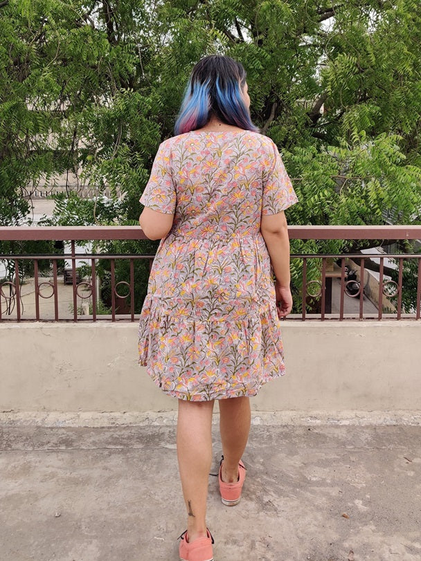 Aster Hand Block Printed Knee Length Tiered Button Down Dress