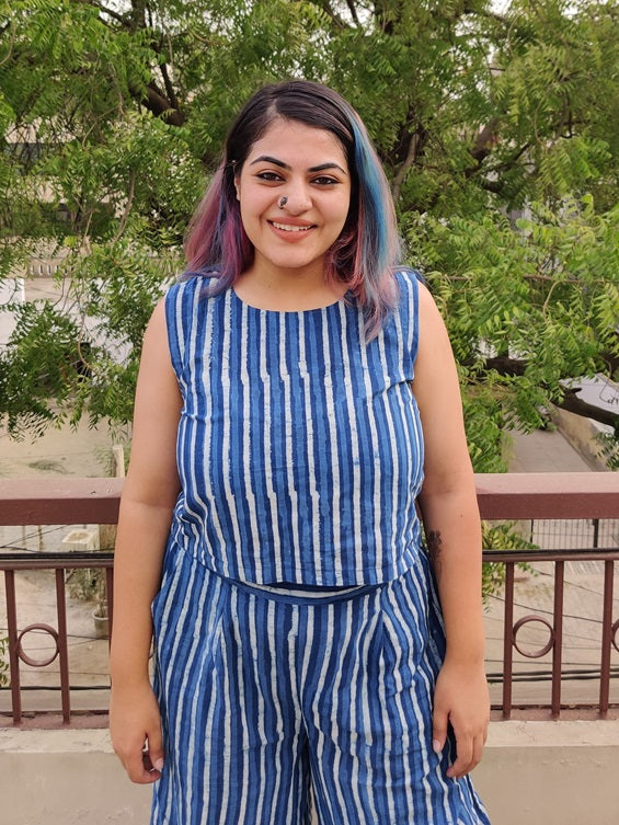 Indigo Lines Coord Set with Sleeveless Top and High waist Plazzo