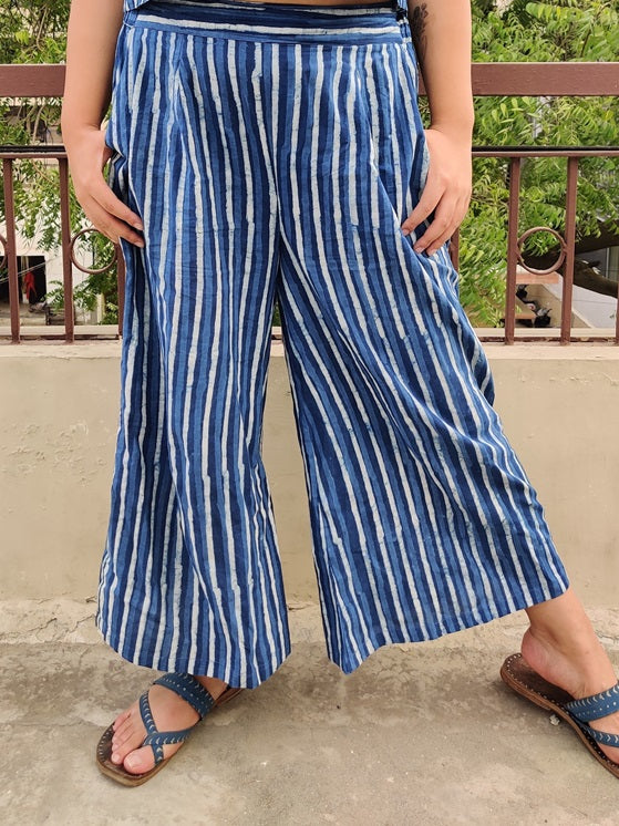 Indigo Lines Coord Set with Sleeveless Top and High waist Plazzo