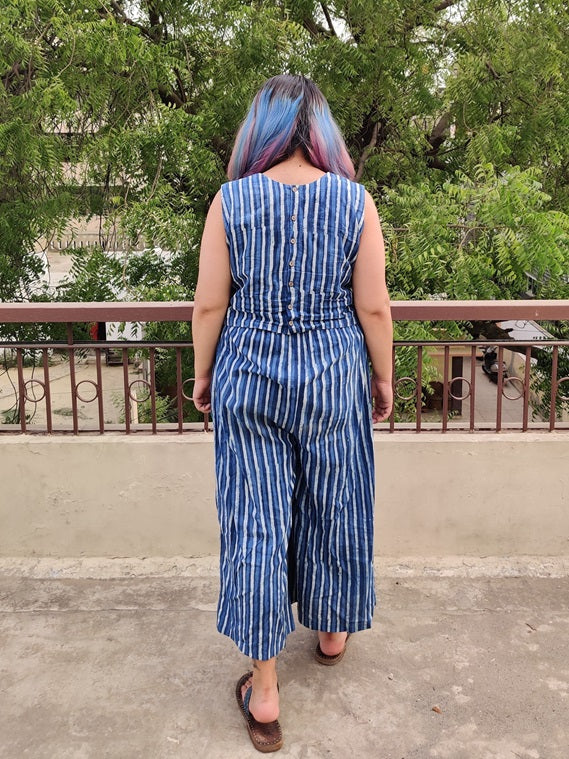 Indigo Lines Coord Set with Sleeveless Top and High waist Plazzo