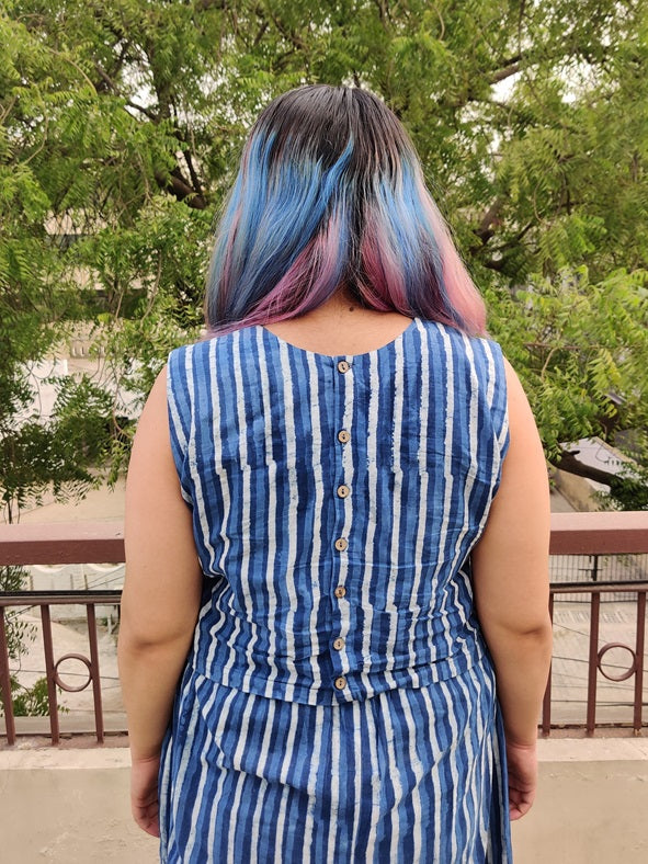Indigo Lines Coord Set with Sleeveless Top and High waist Plazzo