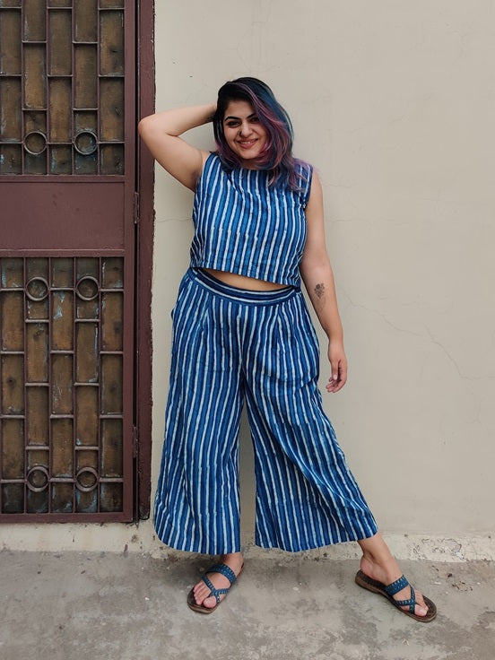 Indigo Lines Coord Set with Sleeveless Top and High waist Plazzo