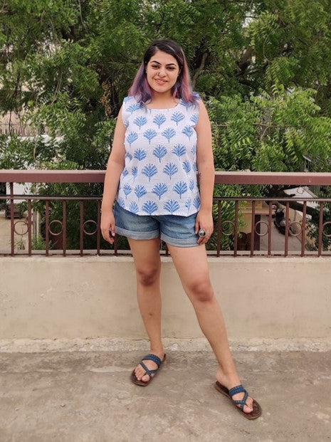 Blue Glow Hand Block Printed Sleeveless Top with Pintuck