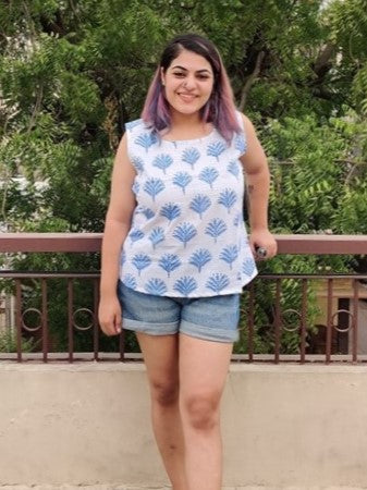 Blue Glow Hand Block Printed Sleeveless Top with Pintuck