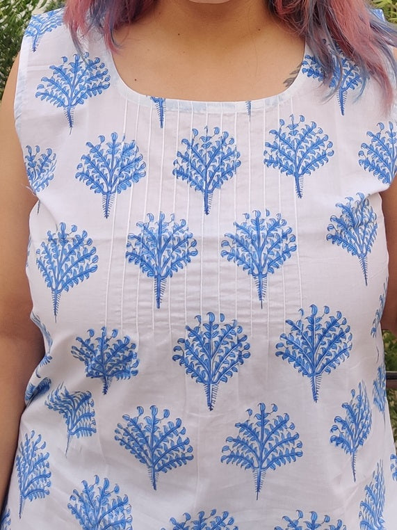 Blue Glow Hand Block Printed Sleeveless Top with Pintuck