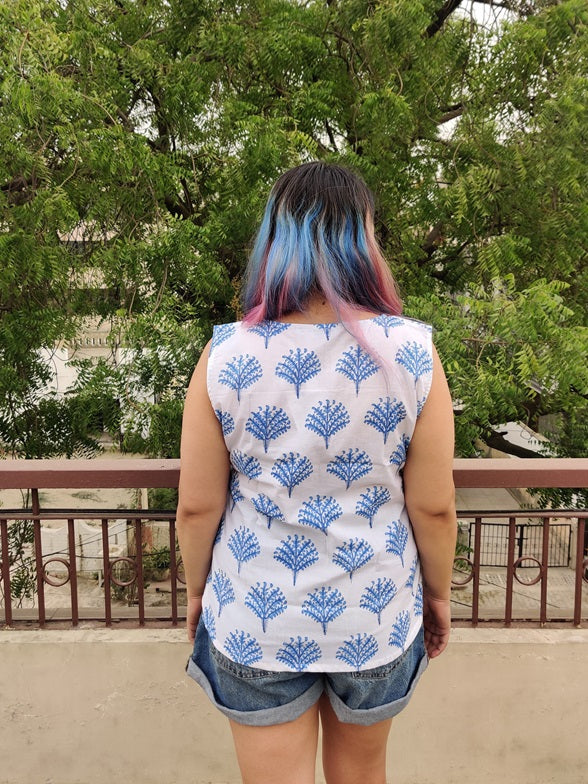 Blue Glow Hand Block Printed Sleeveless Top with Pintuck