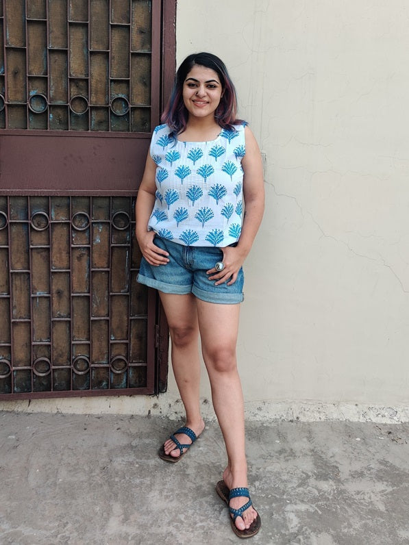 Blue Glow Hand Block Printed Sleeveless Top with Pintuck
