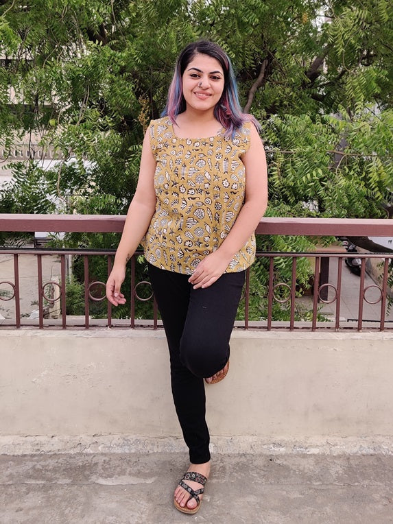 Sea Life Hand Block Printed Sleeveless Top with Pintuck