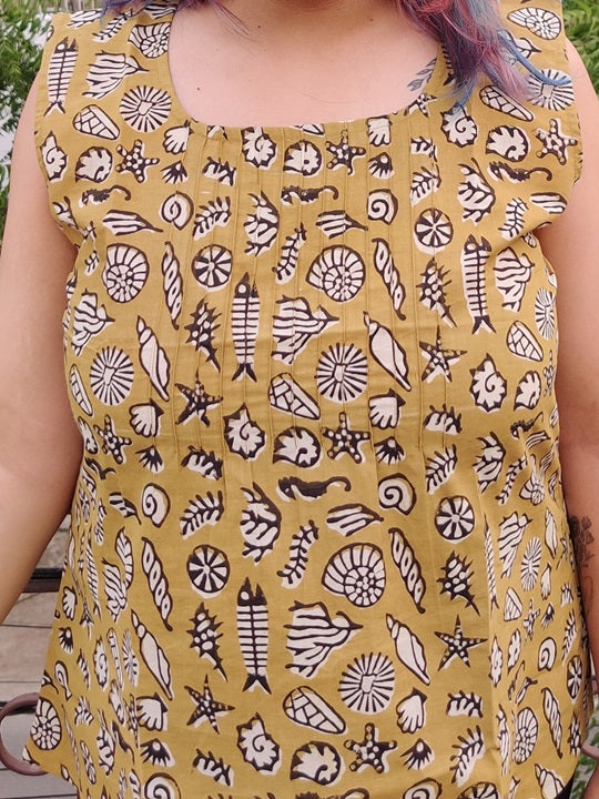 Sea Life Hand Block Printed Sleeveless Top with Pintuck