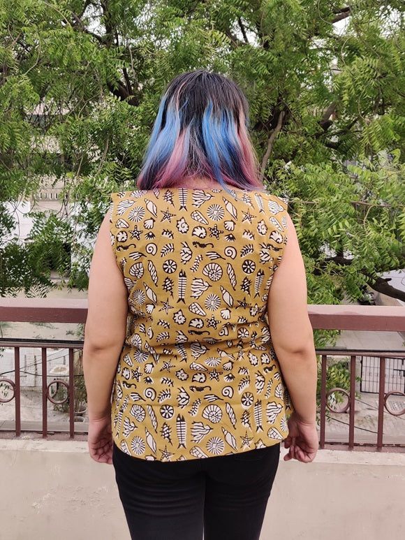 Sea Life Hand Block Printed Sleeveless Top with Pintuck