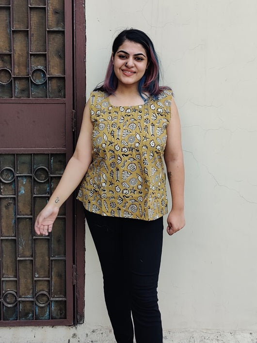 Sea Life Hand Block Printed Sleeveless Top with Pintuck