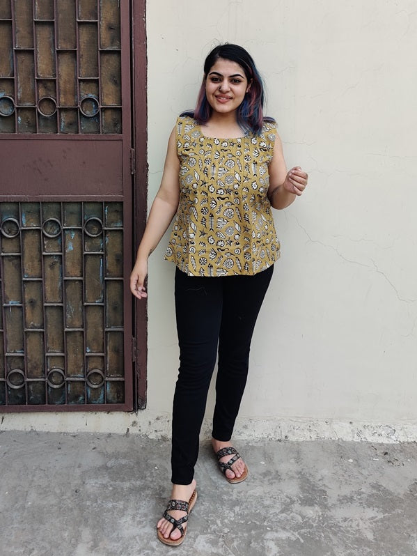 Sea Life Hand Block Printed Sleeveless Top with Pintuck